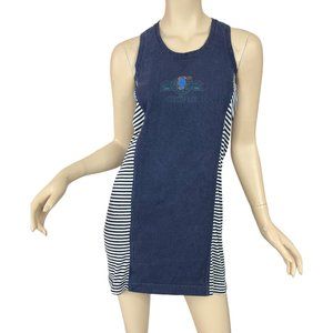 Vintage 80s Tank Dress Sleeveless Blue White Stripes Size Medium